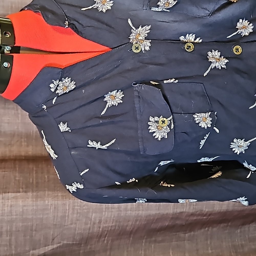 Angie Dark Blue Foral Print Roll Sleeves - Picture 3 of 7